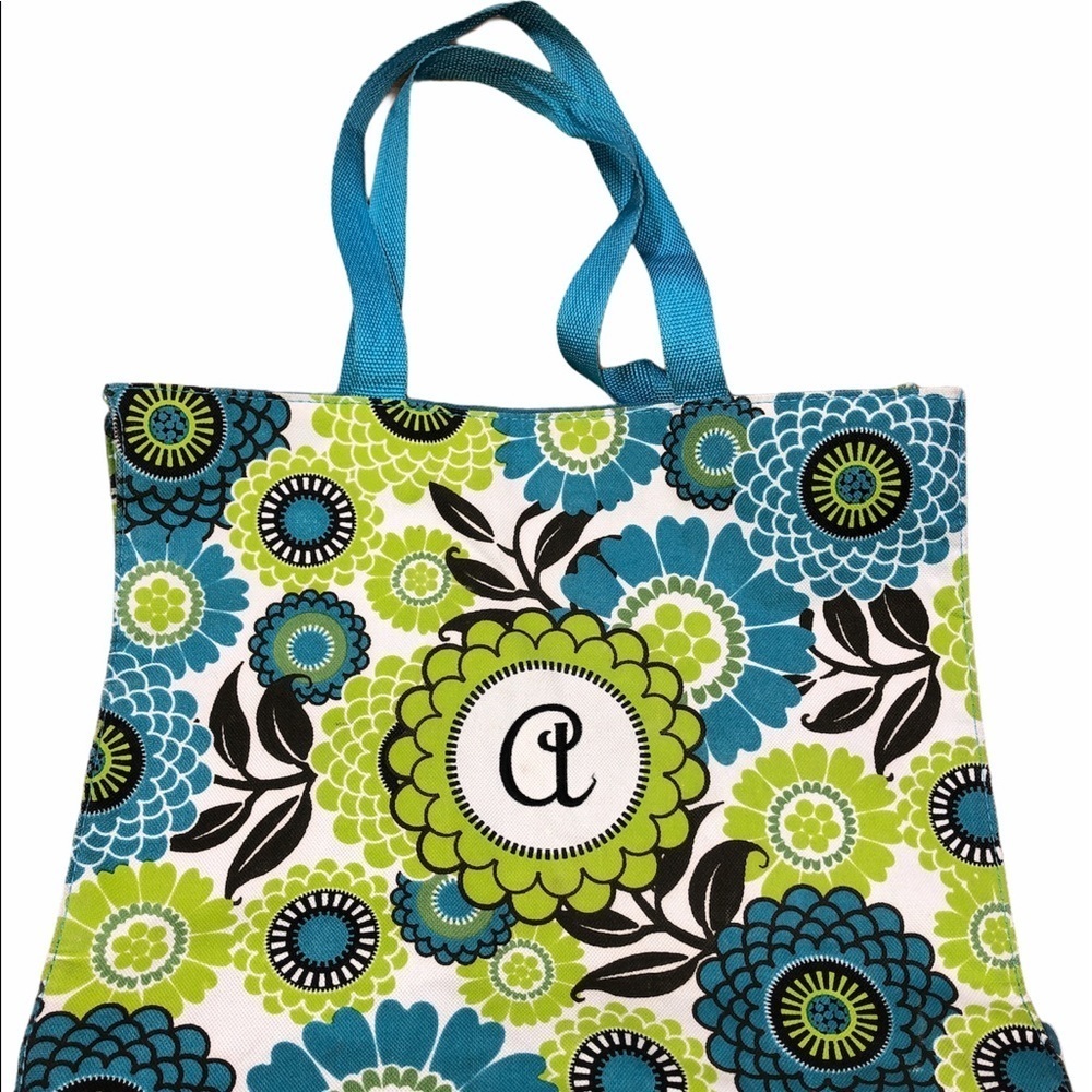 A monogram blue green floral paisley tote bag